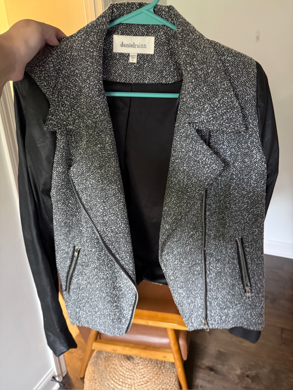 Daniel Rainn Black & Gray Tweed Moto Jacket with Faux-Leather Sleeves